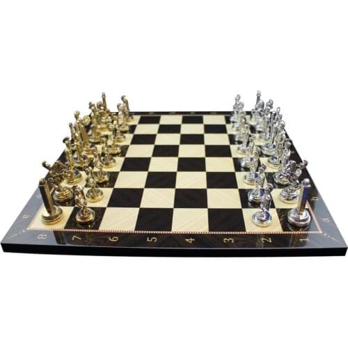 Medium Size Metal Greek Chess Set Glossy and Walnut Pattern MDF Wooden Chess Board 37x37 cm