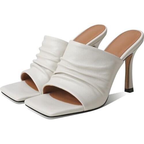 Women Slippers Sexy Mules Shoes For Women high heels Sandals Female Square toe Slides Party shoes Woman Black White