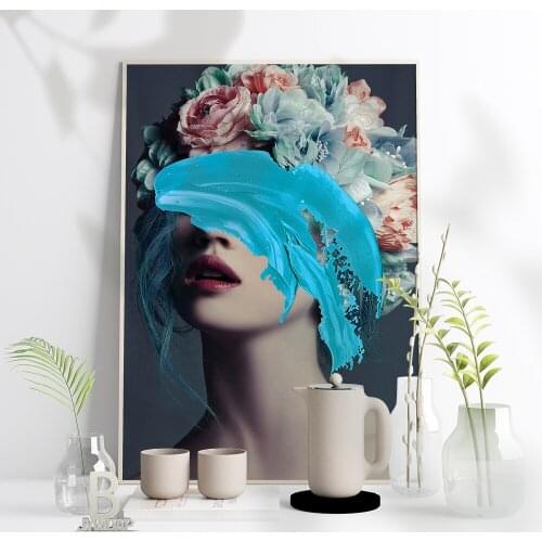 Nordic Blue Watercolor Pigment Flowers Feathers Woman Abstract Canvas Painting Wall Art Print Poster Living Room Bedroom Decor