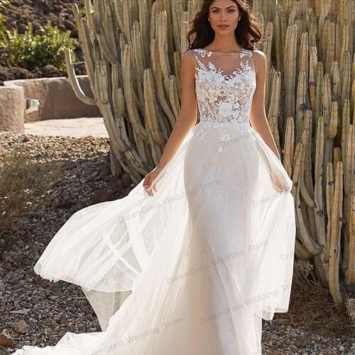 Wedding Dress Open Back A-Line Whit Sleeveless Floor Length Scoop Lace Appliques Bridal Gowns White Sweep Train For Women Bride