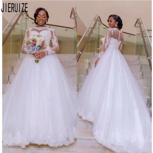 JIERUIZE High Neck Wedding Dresses Illusion Full Sleeves Button Back African A line Wedding Gowns Lace Appliques Robe De Mariee