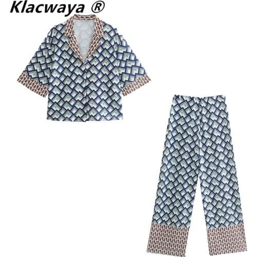 XEASY Women 2021 Fashion 2 Pieces Geometric Printed Short Sleeve V-Neck Blouse+Female Long Pant Fashion Wide Leg pants Outfits