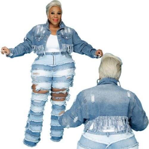 Streetwear Women Ripped Denim Jackets 2021 Autumn Fashion Turn-down Collar Single-breasted Tassels Plus Size XL-5XL Coats