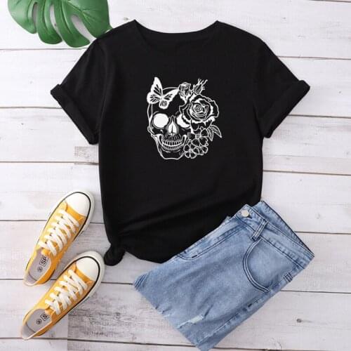Ladies Fashion Tee Shirt Tops Clothes Camisetas Mujer Skull Head Rose Print Women T Shirt Short Sleeve O Neck Loose Women Tshirt