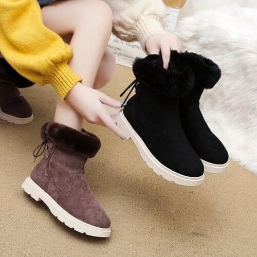 Womens Autumn Winter Fur Snow Boots Plush Warm Thick Bottom Lace Up Cotton Short Ankle Boots