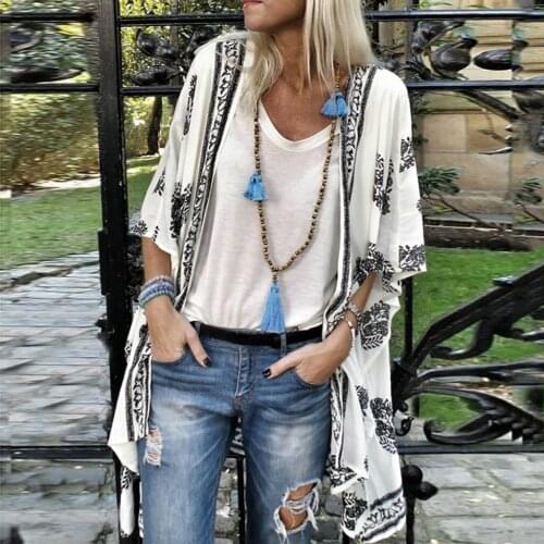 2021 Summer Women Cardigan Fashion Boho Print Chiffon Blouse Casual Loose Tops Female Half Sleeve Middle Length Shirt