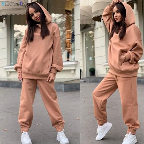 2021 Tracksuits Women Elegant Two-Pieces Suit Sets Female Stylish Plus SizeHooded Coat & Pockets Sets Joggers Women