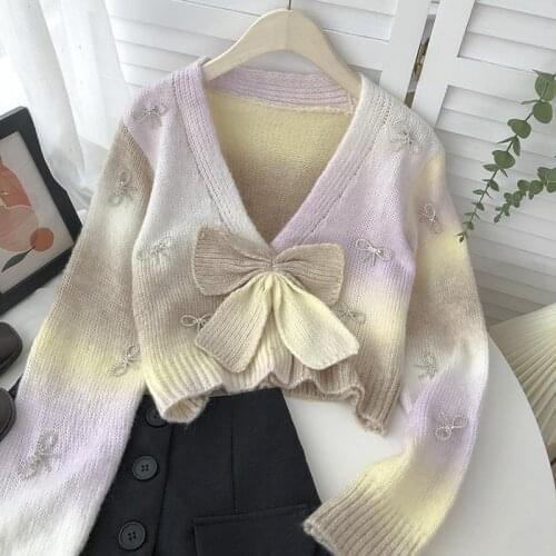 Japanese Style Pink Bow Colorful Knit Women Sweaters Korean Sweet V Neck Long Sleeve Pullovers New Autumn Winter Elegant Jumpers