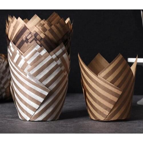 100Pcs Muffin Cup Stripe Tulip Shape Oil Proof Paper Decorating Wrap Cupcake Liner Home Kitchen Decorating Wrap Cupcake Liner