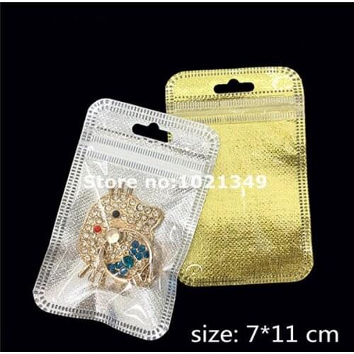 1000pcs/lot,7*11cm Gold/silver Self Seal Zipper Plastic Retail Packaging Storage Bag, Zip Lock plastic Bag W/ Hang Hole