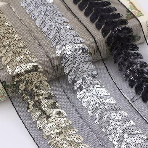16Yard Gold Silver Leaf Sequin Lace Trim Wedding Costume Decoration Sewing Paillette Black Mesh Lace Fabric DIY Hair Accessories