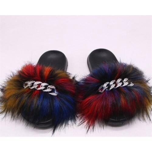 2021 Faux Fur Slippers Fashion Ladies Fur Sandals Household Fluffy Fur Slippers Ladies Cute Rainbow Plush PomPom Fur Slppers