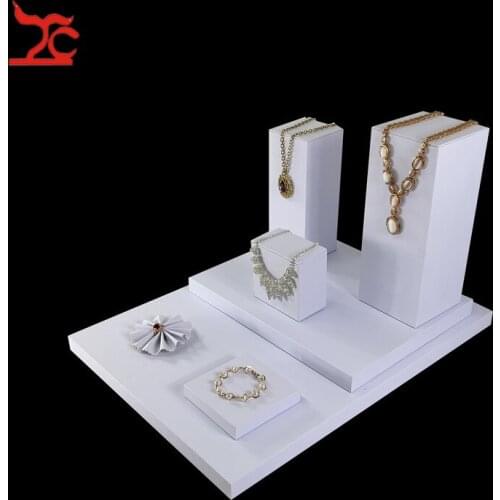 7Pcs/lot Morden White PU leather Jewelry Display Counter Showcase Wooden Pendant Necklace Earring Board Stand Ring Flower Tray2