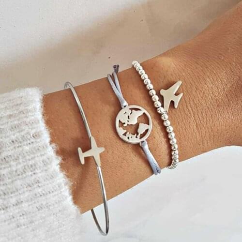 Bohemia Big Small Planes Map Bracelet Fashion 3 Piece Set Women Silver Color Bracelet Accessories Creative Party Jewelry Gift