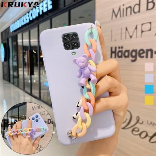 Bear Wrist Strap Chain Phone Case On For Xiaomi Redmi Note 10S 9S 10 9 Pro Max 9T 9A 9C 8T 8A 7A 6A 8 Pro Matte Silicone Cover