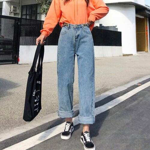 Fashion double breasted jean wide leg pants women Casual high waist loose denim mop trousers Streetwear straight pants pocket