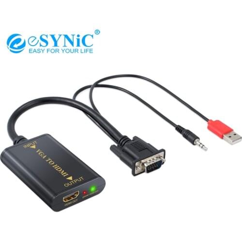 ESYNiC VGA To HDMI Adapter Convertor Cable Converter With Audio 3.5mm Jack 2CH Audio Converter Adapter VGA To HDMI For HDTV PC