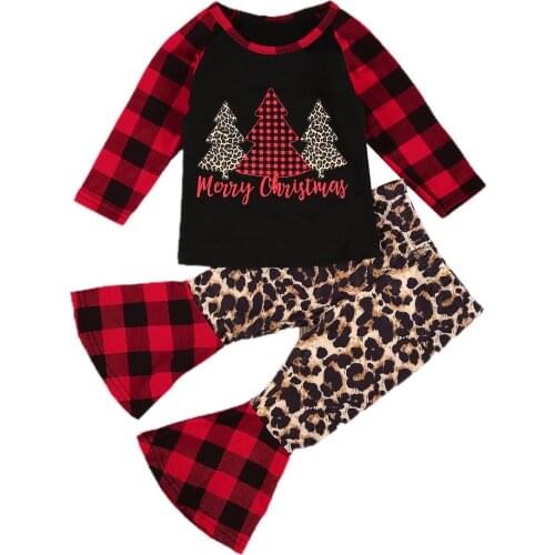 FOCUSNORM Christmas Infant Baby Girls Clothes Sets Leopard Long Sleeve Xmas Tree Print Top + Plaid Flare Pants 0-5Y