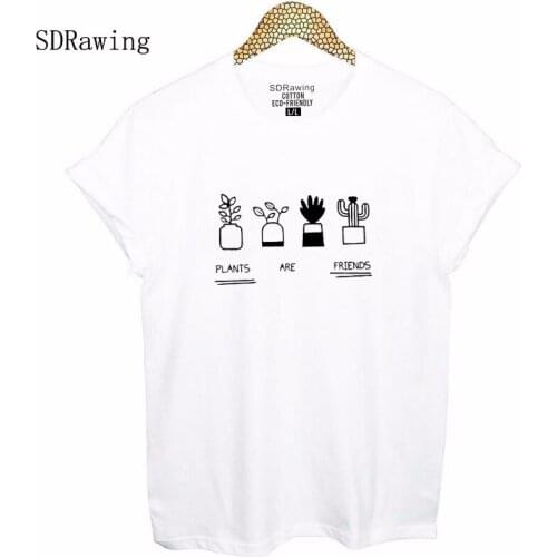 Funny PLANTS ARE FRIENDS print cotton t shirts for women girls summer tops gift for friends tees plus size drop ship