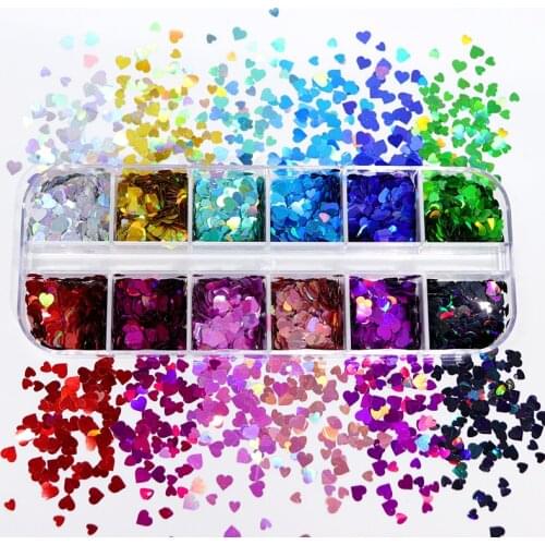 Holographic Heart Shape Nail Art Glitter Flakes Mixed Size Sequins for Gel Polish Nails Decoration Spring and Summer Design