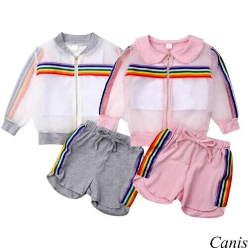 3Pcs Kids Baby Girls Rainbow Organza Coat+ Vest + Shorts Outfit Sunsuit Summer Clothes Set 2019 New