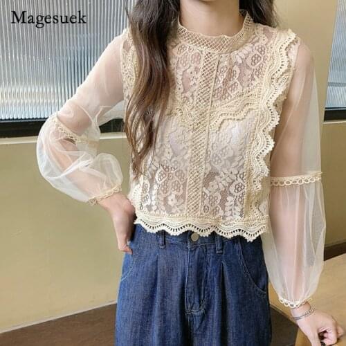 Lace Mesh Top Flower Lantern Sleeve Loose Blouses Shirts Women New Arrival Retro Short Pullover Fashion Cute Voile Suits 12024