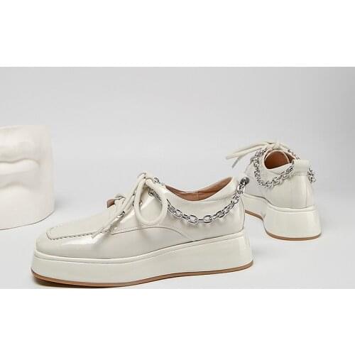 MEZEREON Patent Leather Loafers Slip On Square Toe Women Flats Pigskin Inside Female Casual Footwear With Chains Scarpe Donna