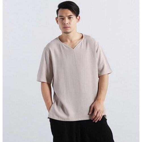2020New Summer Brand Shirt Men Short Sleeve Loose Cotton Linen Shirt Male Solid Color V-Neck Tees plus size blouse M-5XL 6XL