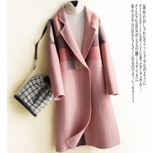 Women Plaid Wool Coat Korean Fashion Casual Plus Size Houndstooth Long Sleeve One Button Korean Winter Woolen Outwear