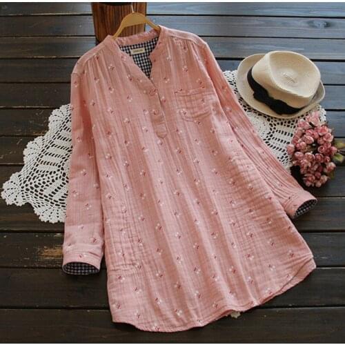 Autumn Printed Cotton Shirts Woman Clothes Casual Long Sleeved Loose Blouse With Pocket Female Pink Navy Blue Camisas Femininas