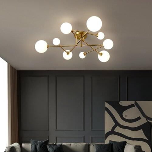 Nordic Led Ceiling Chandelier Lamp for Living Room Bedroom Multi-Heads Golden Copper Glass Ball Chandelier Lighting Home Fixture