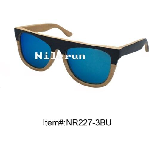 Unisex women men blue polarized lens two tone black natural bamboo frame sunglasses