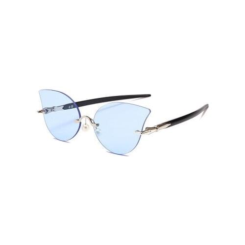 Fashion Unique Design Women Rimless Cateye Cat Eye Sunglasses Pearl Metal UV400 Glasses