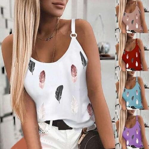 Plumage Printed WomenS Tank Top U-Neck Spaghetti Strap Camisole Sleeveless Beach Style Summer Tops Shoulder Buckle Tops