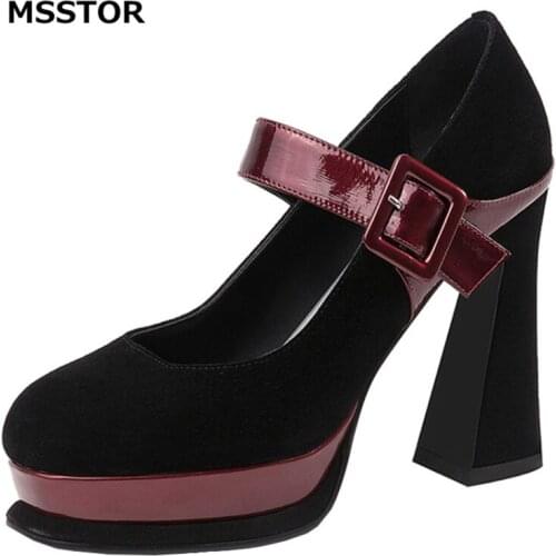 Mixed Colors Platform Shoes Women Buckle Strap Kid Suede Thick Sexy Fashion Party Autumn Spring High Heels Pumps Round Toe
