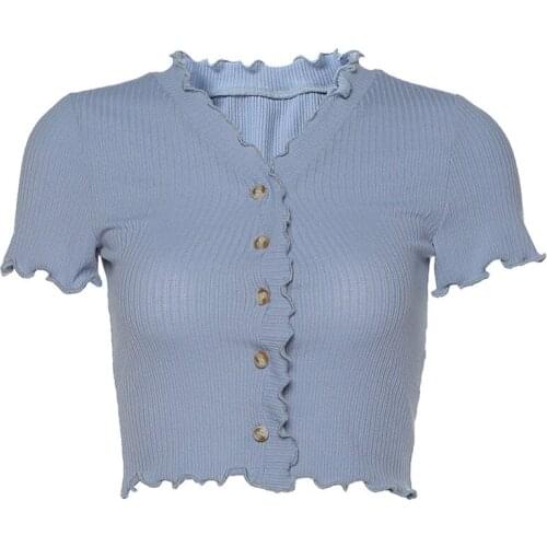 Fashion Summer Cropped Women T-shirt Cute Solid T-shirt Fashion Buttons Knitted Crop Top gothic women streetwear