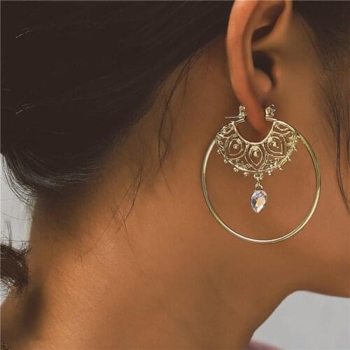 Vintage Gold Color Hoop Earrings For Women Bohemian Crystal Statement Geometry Round Creole Earring Pierce Jewelry Ladies Gifts