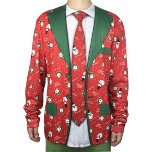 Funny Fake Two Piece Tuxedo Print Ugly Christmas T Shirt for Men Hilarious Mens Red Snowman Long Sleeve Ugly Xmas Party T Shirt