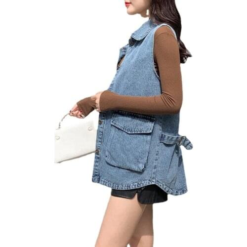2021 New Turn Down Collar Spring Autumn Denim Vest Coats Loose Casual Sleeve Fashion Women Vest Jackets