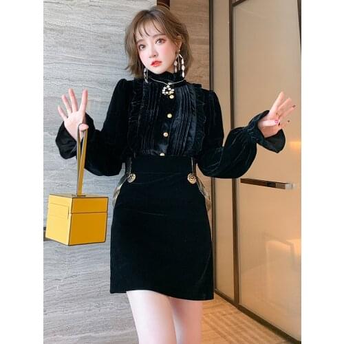Collar fold velvet shirt + bump color waist skirt suits ladies' spring 2021 new High Quality Top Quality