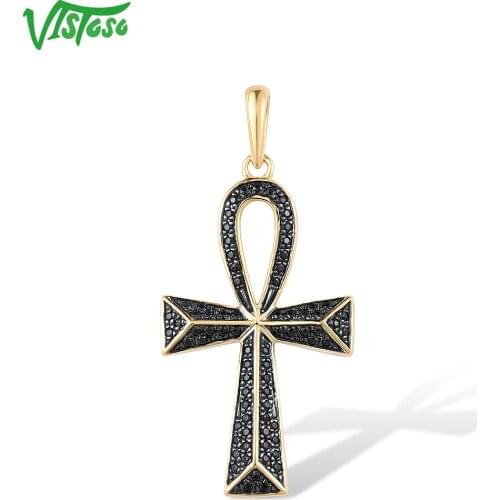 VISTOSO Pure 14K 585 Yellow Gold Pendant For Women Sparkling Black Diamond Cross Pendant Classic Trendy Gifts Party Fine Jewelry