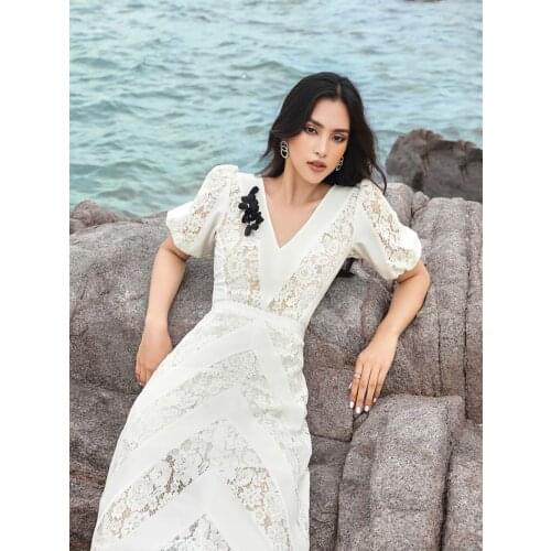 High Quality White Women Summer Newlife Lantern Sleeve A-LINE Mid-Calf Celebrity Sexy Women Dress Evening Party Dress