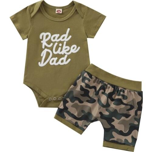 2021 Infant Baby Boys Clothes Set, Letter Print Short Sleeve O-neck Romper + Camouflage Short Pants