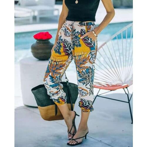 Women Leaves Print Pants Causal Loose Trousers Lantern Wide Leg Bohemian Pockets Summer Elastic Waist Vintage Plus Size Beach