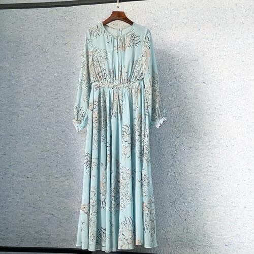 Women Retro Runway Blue Printed Long Skirt Elegant Lantern Sleeve Slim Fit O-Neck Long Sleeve Pleated Dress Vacation Beach Dress