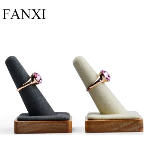 FANXI Free Shipping Solid Wooden Ring Display Stand with microfiber Finger Shape Single Ring Holder Jewelry Exhibition