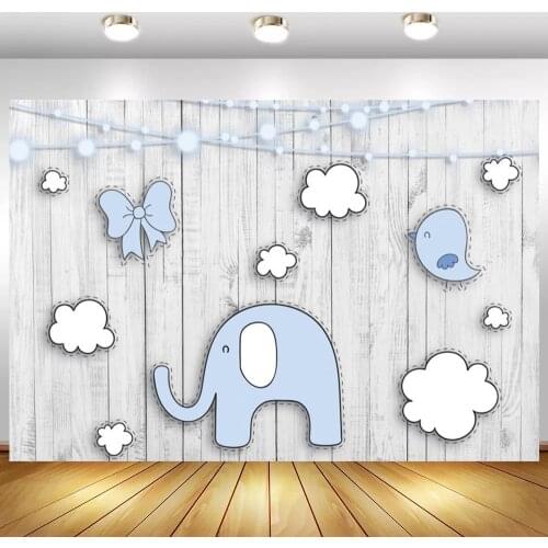 Gray Wood Wall Baby Shower Photo Backgrounds Elephant Clouds Birds Kids 1st 2nd 3 Birthday Backdrops Photography For Cake Table