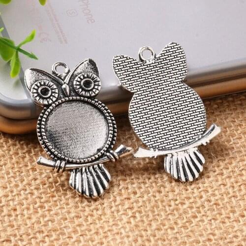 Jiangzimei 50pcs/lot Antique Silver Bronze Owl Pendant Cabochon Base Fit 20mm glass Cabochons DIY Necklace Making