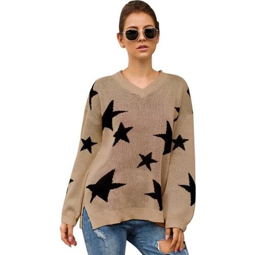 2020 Hot-Selling European American Fashion Fashion Ladies V-Neck Long-Sleeved Loose Lazy Sweater Casual Solid Color Wild
