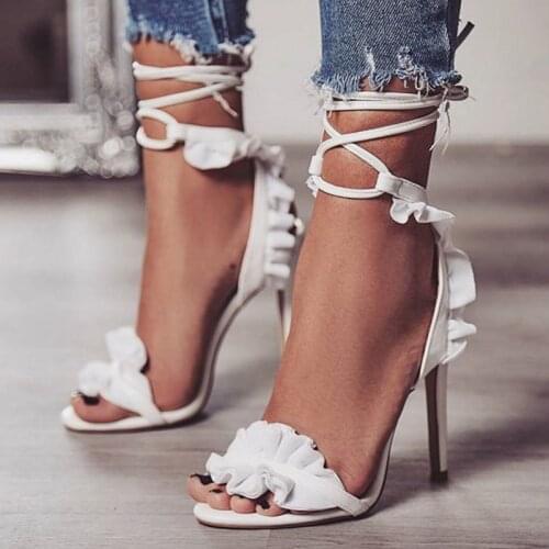Fashion Summer Women Sandals Ruffle Casual PU Lace Up Thin Heels 11.5CM High Heels Open Toed Women Shoes Sexy Pumps